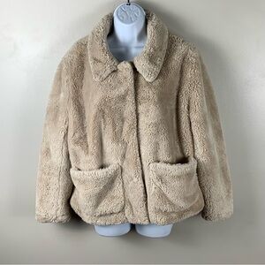 Divided By H&M Faux Fur Coat Womens Large Beige Short Collared Lined Jacket Glam